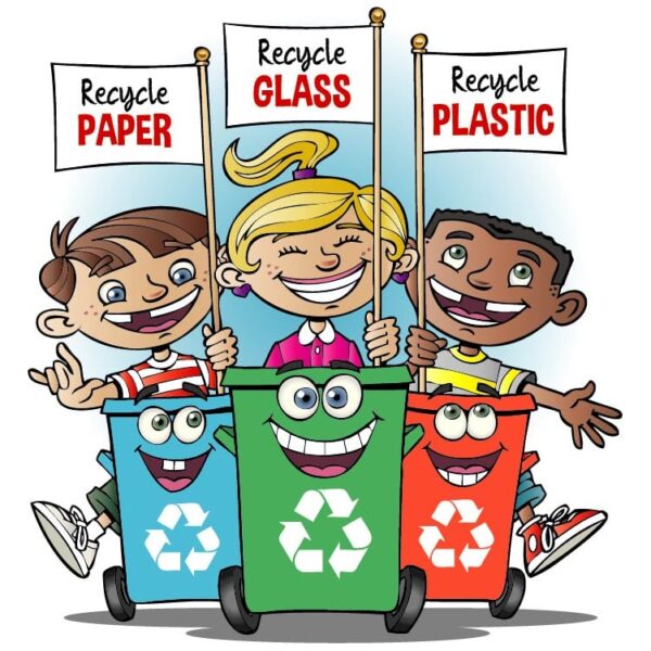 Children show dustbin color blue for pape recycling and green for glass recycling and orange for plastic recycling