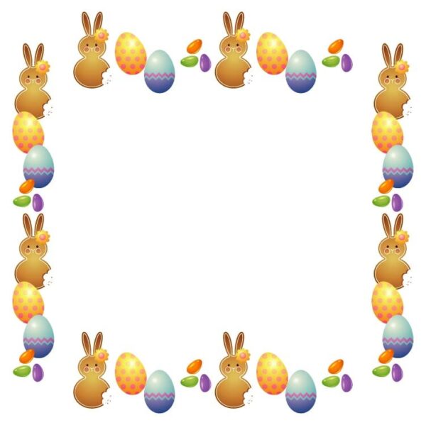 Colorful easter decorations rabbits or bunnies eggs and candies border