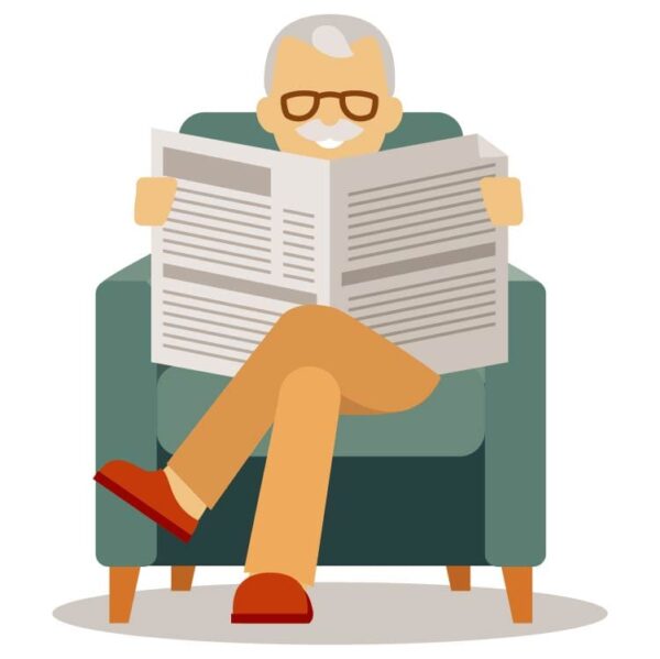 Elderly old man sitting in armchairs and reading newspaper