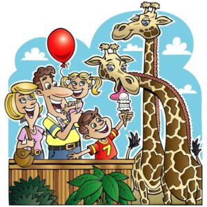 Family enjoying with Giraffe animals and children feeding ice cream to giraffe