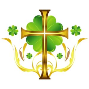 Gold frame heraldic jesus christ church cross with saint patricks day green clover leaf