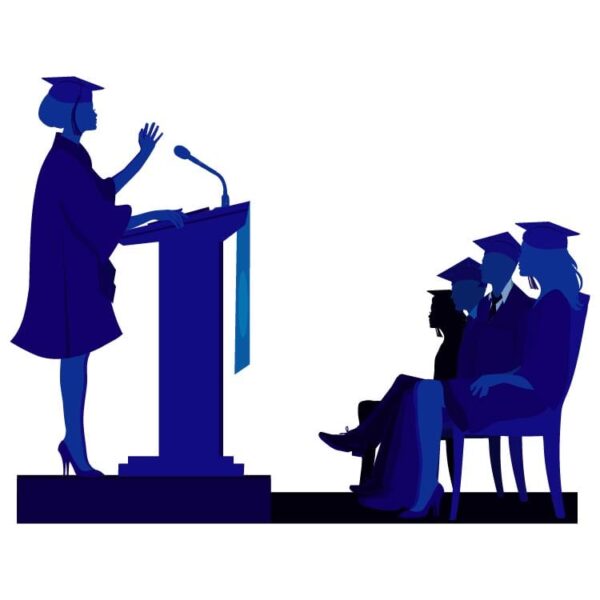 Graduation speech concept with woman giving speech on podium in front of students