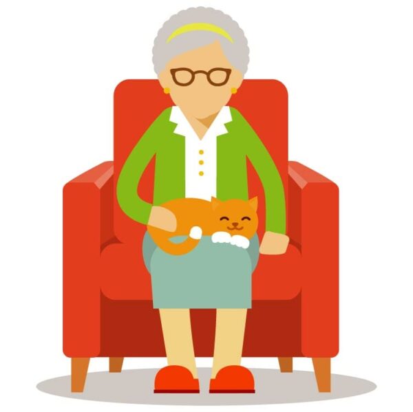 Grandma sitting on the sofa holding a cat