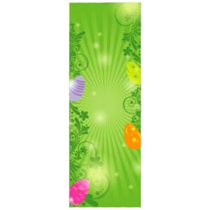 Happy bunny easter green composition with easter eggs of different colors and flourish