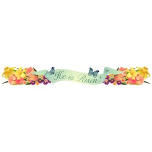 He is risen lettering banner with beautiful flowers and butterflies