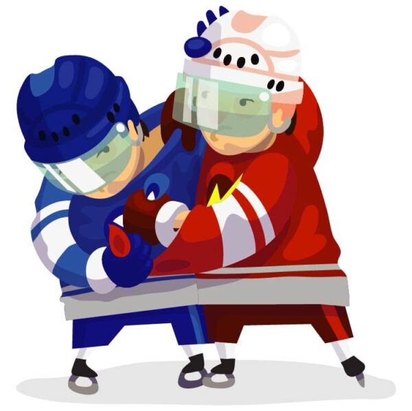 Ice hockey player in red uniform and blue uniform is fighting a member of the hockey team