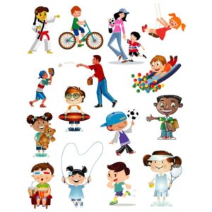 Multicultural Cartoon children of different nationalities with different game hobbies