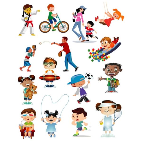 Multicultural Cartoon children of different nationalities with different game hobbies