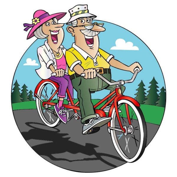 Older couple riding a tandem bicycle with smiling face