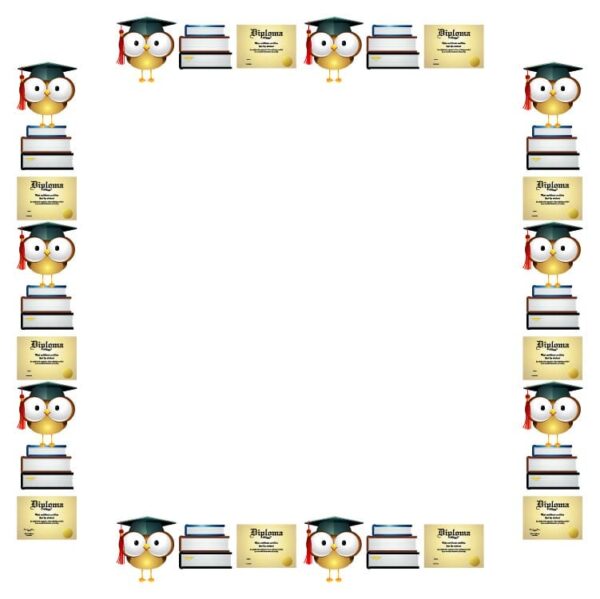 Owl with graduation cap with books and graduation diploma frame border