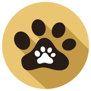 Pawprint of a cat or dog in a yellow creamy circle and animal footprint for a pet store