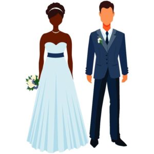 Prom black girl and boy with bouquet and buttonhole or Couple getting married bride and fiancee stand nearby