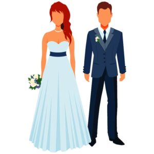 Prom girl and boy with bouquet and buttonhole or Couple getting married bride and fiancee stand nearby