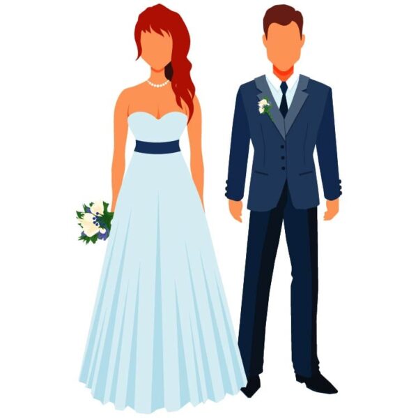 Prom girl and boy with bouquet and buttonhole or Couple getting married bride and fiancee stand nearby