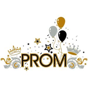 Prom lettering with flourish crown stars and balloons