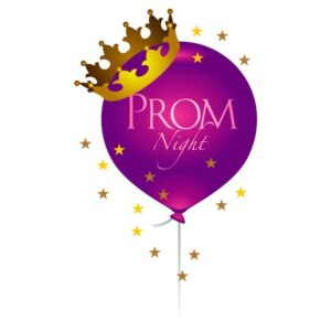 Prom night lettering on balloon with crown and stars