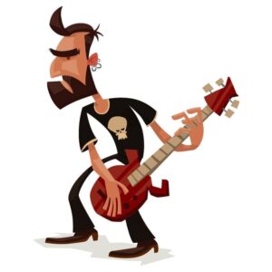 Rock guitarist with brown hair and a beard in black pants and a T-shirt with red guitar in his hands