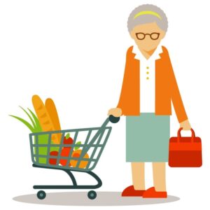 Senior woman character walking with shopping cart colorful