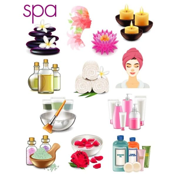 Set of Beautiful woman spa treatment beauty procedures massage wellness spa therapy