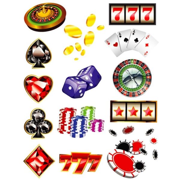 Set of casino poker items and poker chips roulette lotto slot machines gambling big money wins and losses