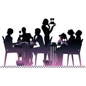 Silhouettes of people sitting at tables in a restaurant