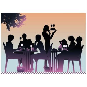 Silhouettes of people sitting at tables in a restaurant or night