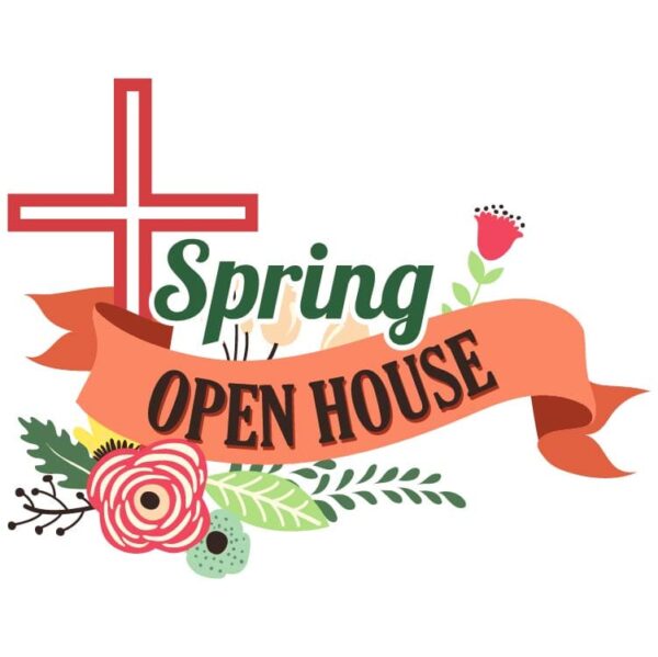 Spring open house lettering with jesus christ sign and flowers