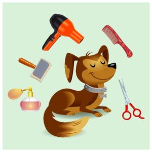 Styling and grooming professional barber in pet hair salon in cartoon style