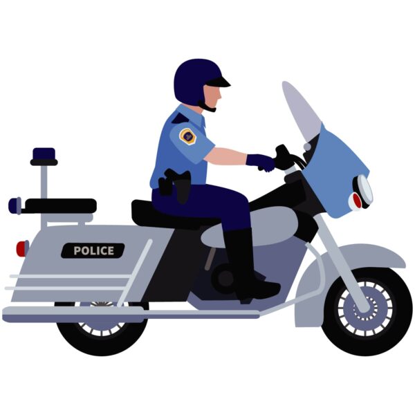 United States police officer character sitting on motorcycle
