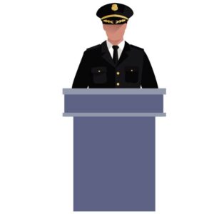 United states policeman speaking to audience from tribune or standing behind the tribune giving speech