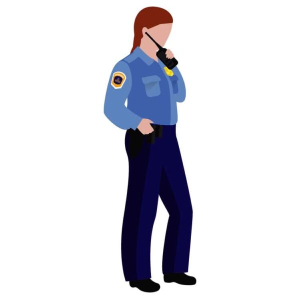 United states woman police officer talking on walkie-talkie radio or wireless