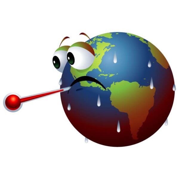 global warming concept of a globe with a fever sweating and bursting a thermometer