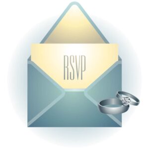 Abbreviation RSVP yellow envelope and blue envelope box with diamond ring