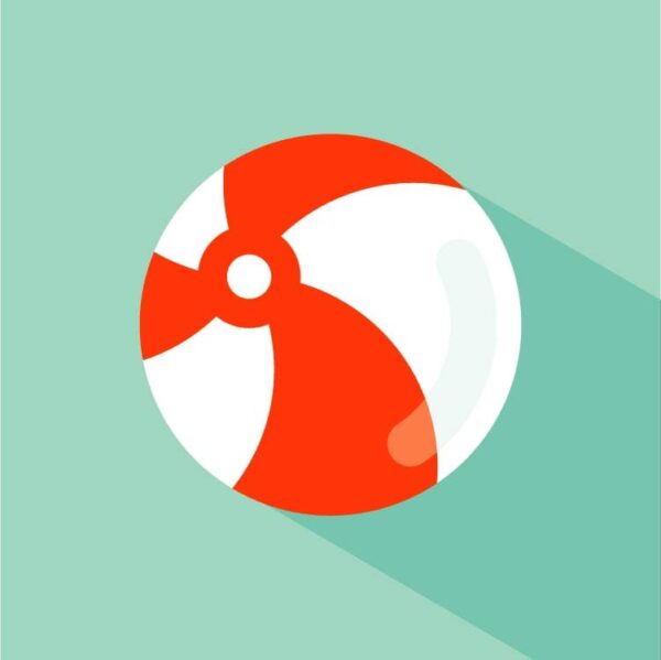 Baby beach rubber ball icon in red and white color with light green color foreground