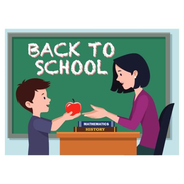 Back to school written on blackboard and student giving apple to teacher in classroom