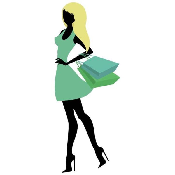 Beautiful black stylish woman in light green dress or fashion girl going shopping for purchase with shopping bags
