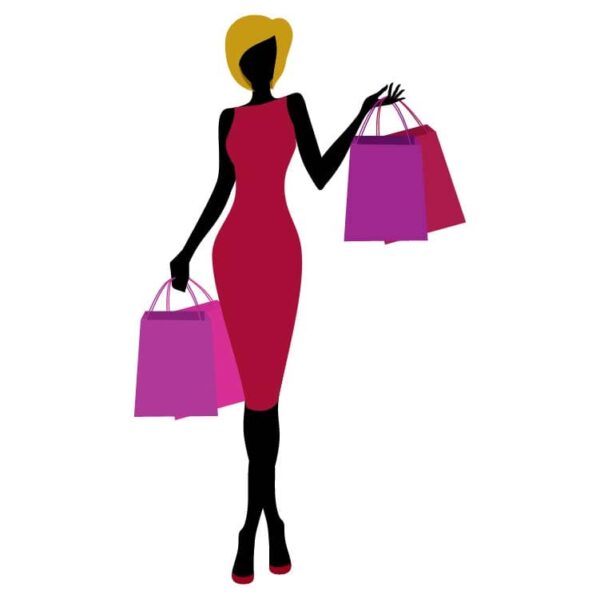 Beautiful black stylish woman in magenta dress or fashion girl going shopping for purchase with shopping bags