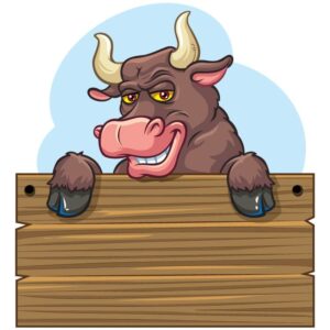 Big bull over a holding blank wooden sign and smiling