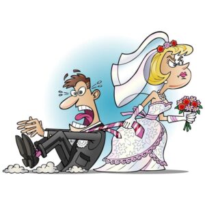 Bride is holding flower bouquet in one hand and another hand dragging the groom on the ground by his tie