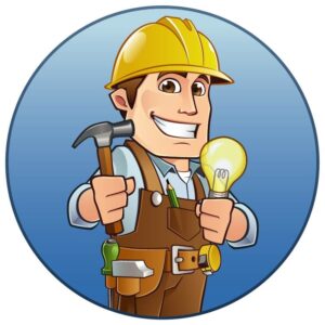 Building Electrician with electric tools holding light bulb and hammer