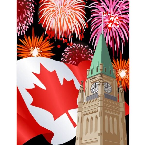 Canada celebrate July 1 or one canada day with fireworks and london clock tower great clock of westminster
