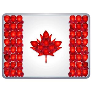 Canadian flag with maple leaf made of strawberries on plate to celebrate canada day