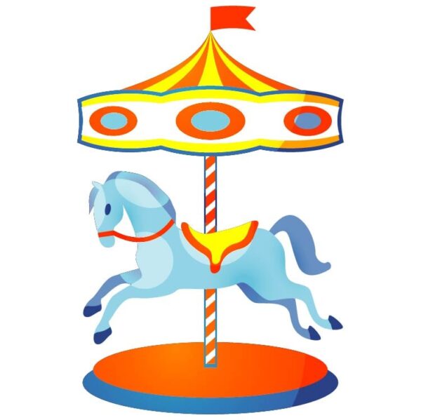 Carousel with blue horse in circus festival fair scenery or city amusement park