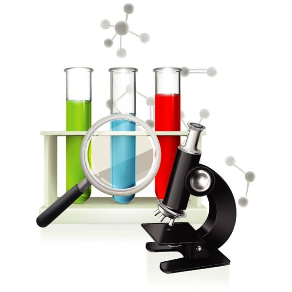 Chemical laboratory concept with test tubes magnifier glass and microscope