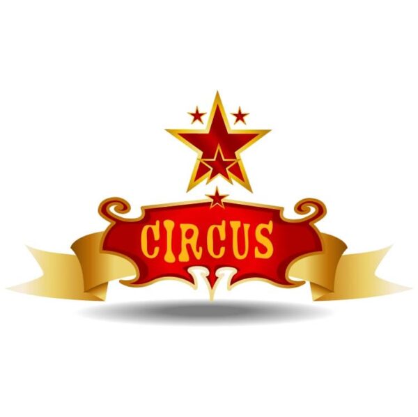 Circus big top with star and circus symbol red ribbon