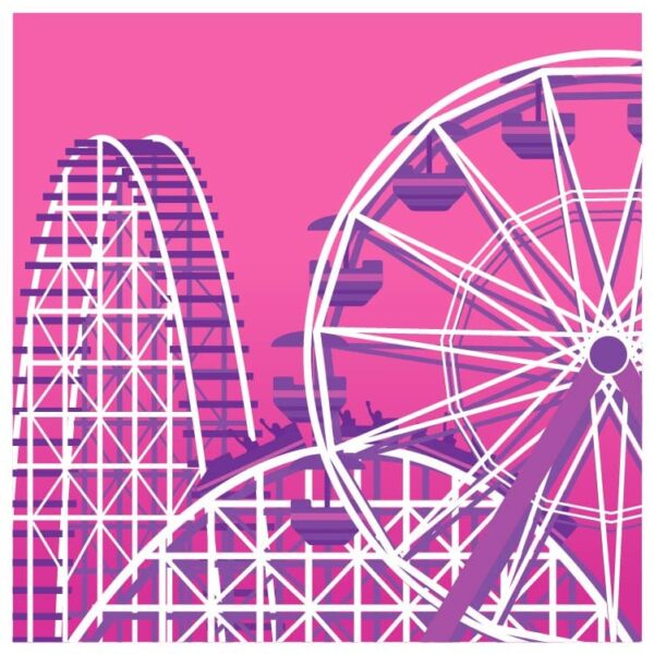 Circus festival fair scenery or City amusement park in french rose pink grape violet and white colors