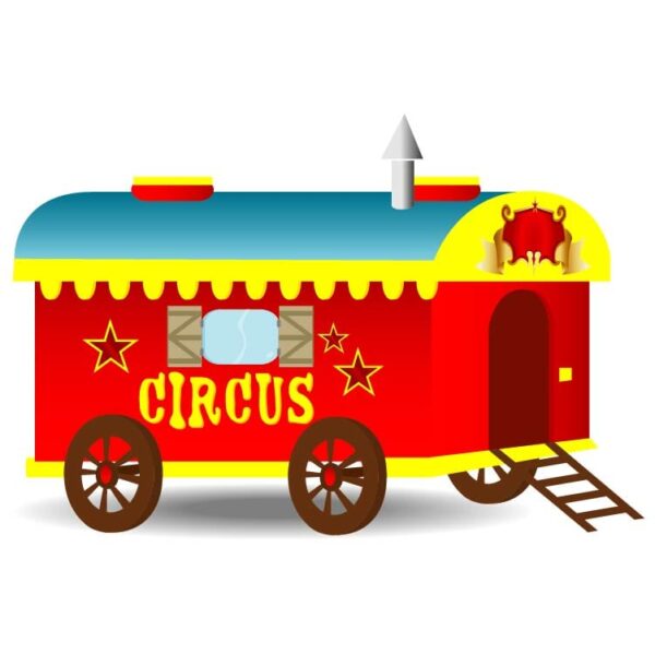 Circus horse cart with wood wheels and red yellow color