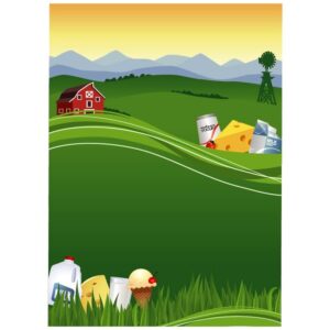 Colorful countryside farm rural landscape with milk and cheese products agriculture and retro village