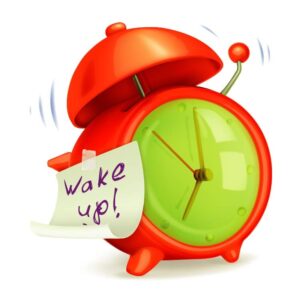 Concept of morning time to wake up 3D plastic cartoon ringing red alarm