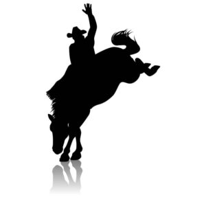 Cowboy riding and horse jumping long silhouette with shadow